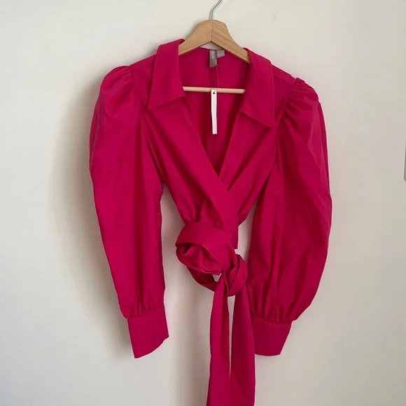 ASOS Tops Asos Hot Pink Wrap Puff Sleeve Blouse Poshmark